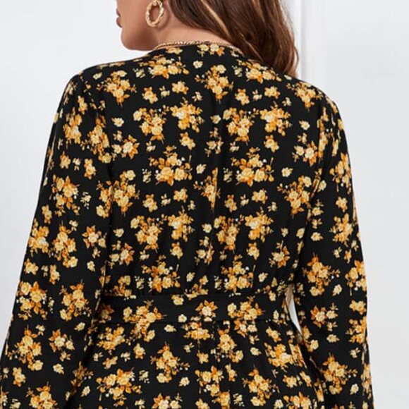 Melo Apparel Plus Size Floral Surplice Neck Long Sleeve Dress - Picture 6 of 7